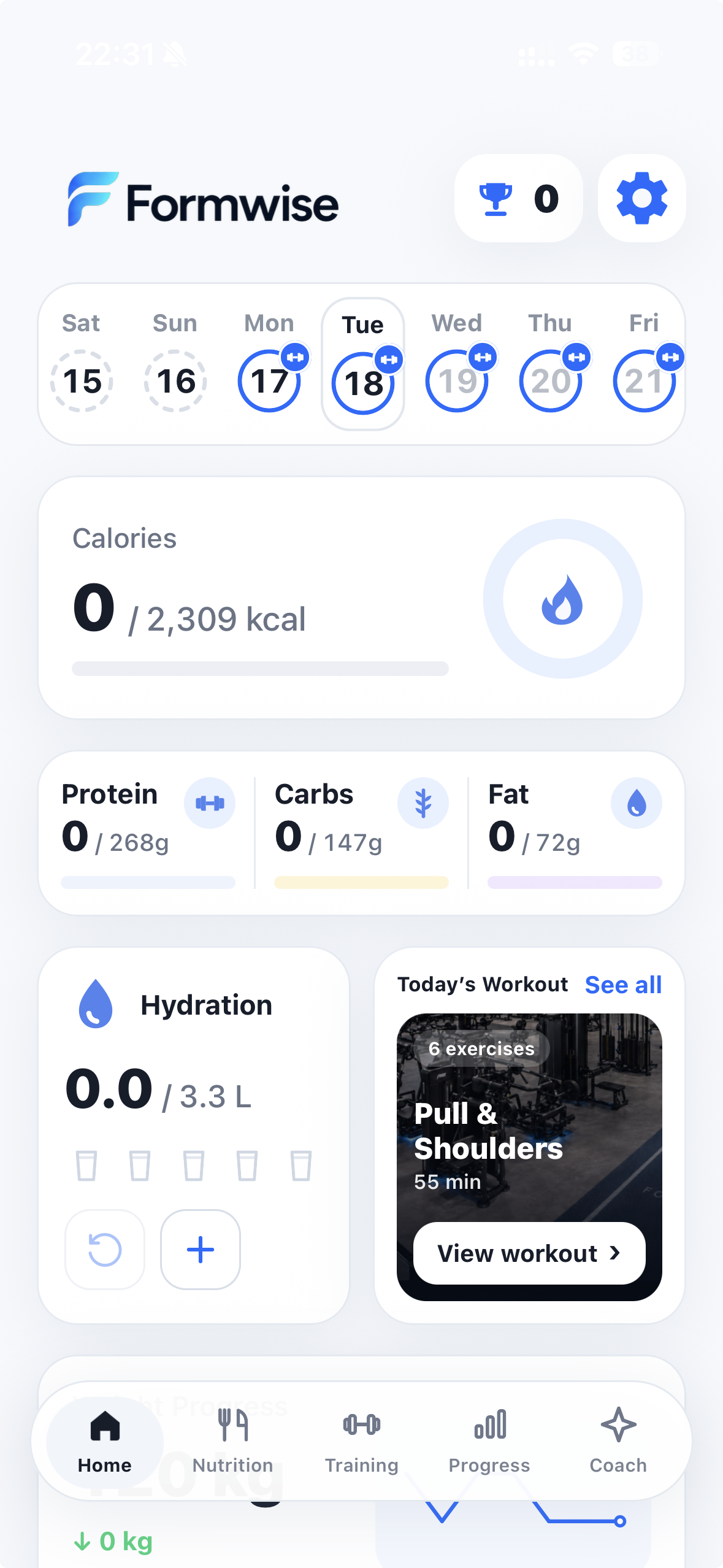 Formwise home screen showing nutrition, workouts and progress